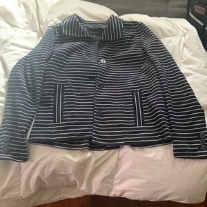 Medium Talbots navy blazer with white stripes.